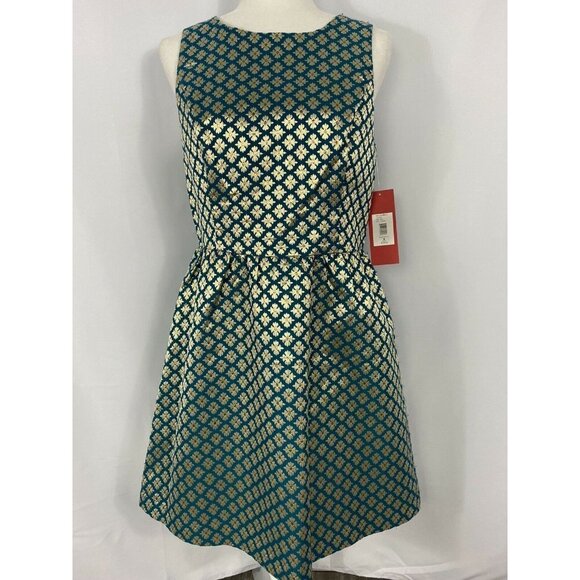 Carmen Marc Valvo Green Dress Gold Flower Women Si - Picture 1 of 5
